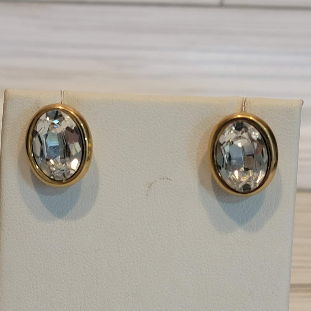 Vintage Monet Clear Oval Crystal Gold Tone Pierced Statement Earrings